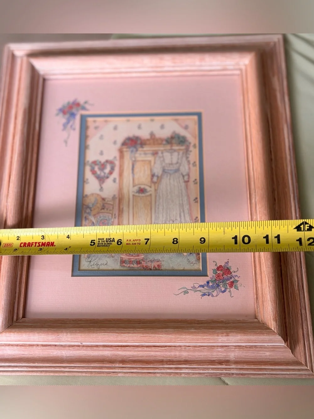 Vintage Framed Sketched Print of Girl Wardrobe Floral Wall Decor Accent